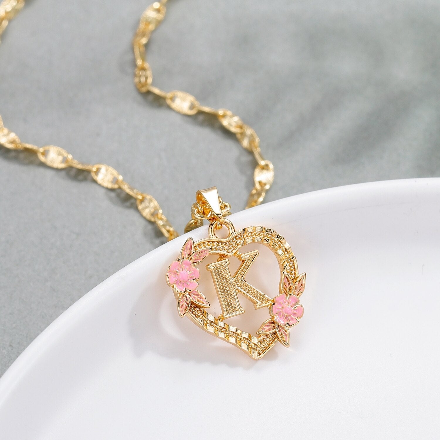 Heart Blossom Initial Pendant Necklace